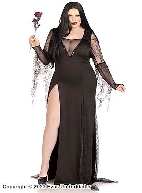 Morticia fra Familien Addams, kostyme-kjole, paljetter, lange ermer, høy spalte, plus size